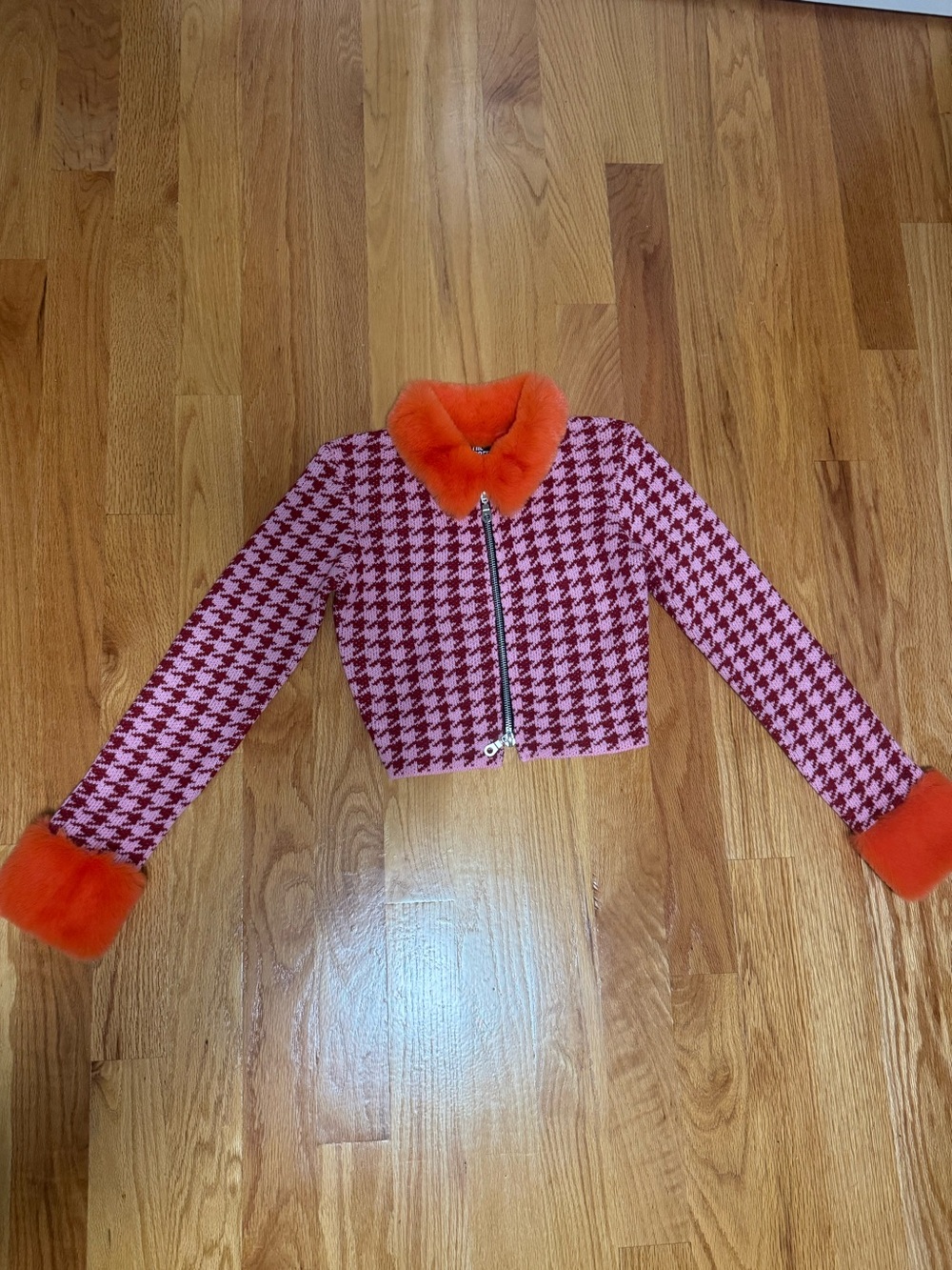 The Ragged Priest Pink Houndstooth Jacket with Orange Faux-Fur Trim